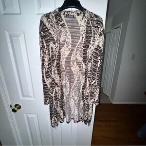 AKA Women's Duster Cardigan Sheer Brown Beige Abstract Floral Print Size 2XL